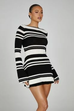 Zahra Long Sleeve Open Back Mini Knit Dress - Black/White -Meshki Shop 0183 20230609 meshki new arrivals july1644