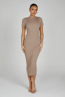 Sonia Short Sleeve Knit Midi Dress - Taupe