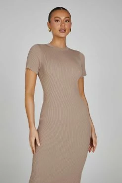 Sonia Short Sleeve Knit Midi Dress - Taupe -Meshki Shop 0263 20230609 meshki new arrivals july1728