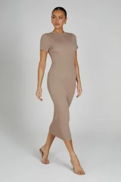 Sonia Short Sleeve Knit Midi Dress - Taupe -Meshki Shop 0276 20230609 meshki new arrivals july1742