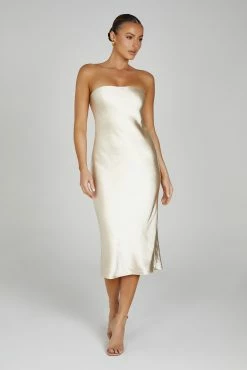 Tyler Strapless Satin Midi Dress - Gold