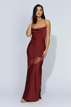 Chandra Lace Detail Satin Maxi Dress - Cherry Chocolate -Meshki Shop 20220913 meshki eccom bonsoir21030