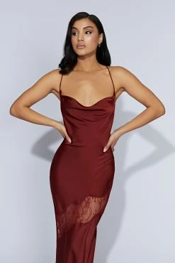 Chandra Lace Detail Satin Maxi Dress - Cherry Chocolate -Meshki Shop 20220913 meshki eccom bonsoir21044