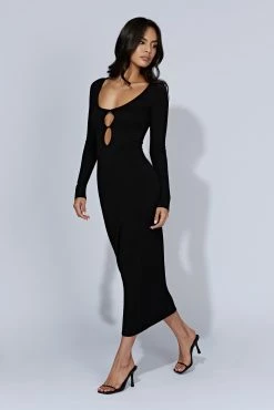 Alma Long Sleeve Knit Midi Dress - Black