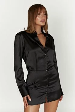 Brielle Satin Shirt Dress - Black 13 Brielle Satin Shirt Dress - Black -Meshki Shop 20221115 meshki ecomm reflections13882