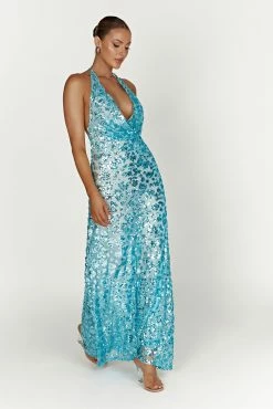 Nicola Plunge Neck Sequin Maxi Dress - Powder Blue -Meshki Shop 20221115 meshki ecomm reflections15428