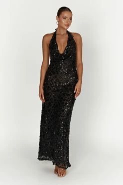 Nicola Plunge Neck Sequin Maxi Dress - Black -Meshki Shop 20221115 meshki ecomm reflections15543
