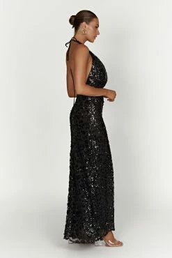 Nicola Plunge Neck Sequin Maxi Dress - Black -Meshki Shop 20221115 meshki ecomm reflections15551