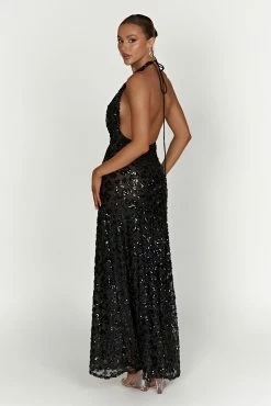 Nicola Plunge Neck Sequin Maxi Dress - Black -Meshki Shop 20221115 meshki ecomm reflections15561