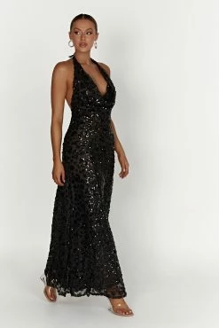 Nicola Plunge Neck Sequin Maxi Dress - Black -Meshki Shop 20221115 meshki ecomm reflections15565