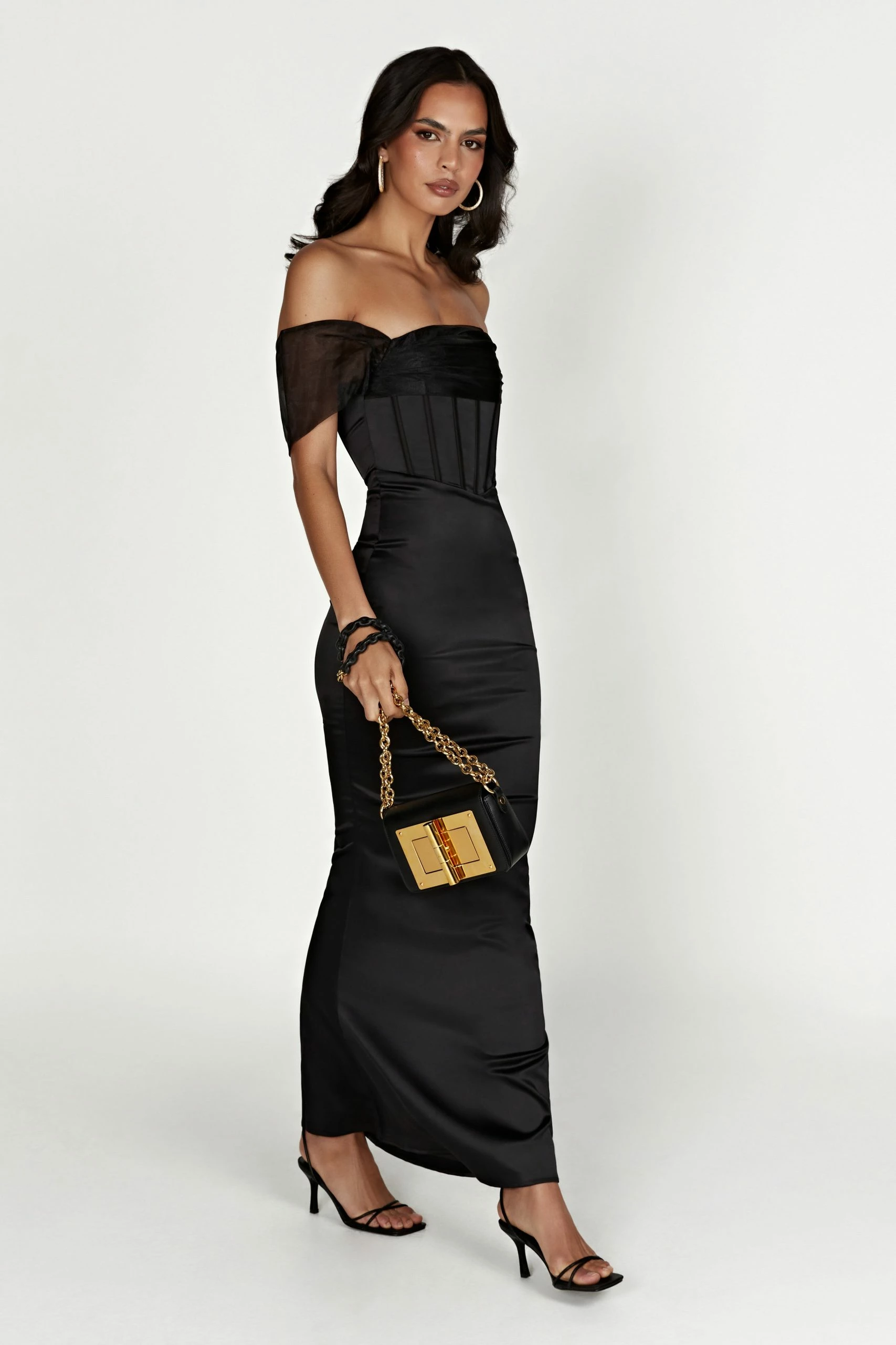 Everly Off Shoulder Organza Satin Maxi Dress - Black 6 Everly Off Shoulder Organza Satin Maxi Dress - Black - Image 4