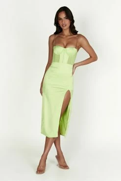 Talisa Chain Strap Side Split Corset Midi Dress - Pistachio Green