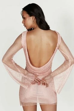 BSD Samira Flare Sleeve Diamante Mesh Mini Dress - Baby Pink -Meshki Shop 20221116 meshki ecomm core nina16135