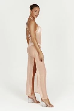 Phoebe Sheer Iridescent Maxi Dress - Peach 15 Phoebe Sheer Iridescent Maxi Dress - Peach -Meshki Shop 20221125 meshki ecomm reflections20309