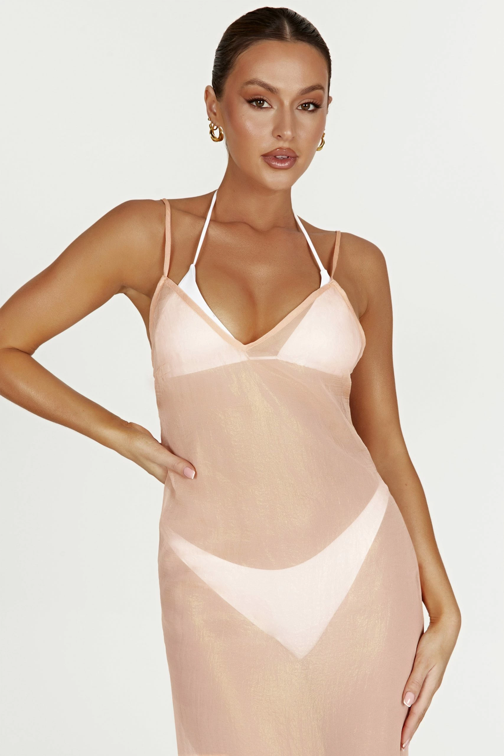 Phoebe Sheer Iridescent Maxi Dress - Peach 6 Phoebe Sheer Iridescent Maxi Dress - Peach - Image 4