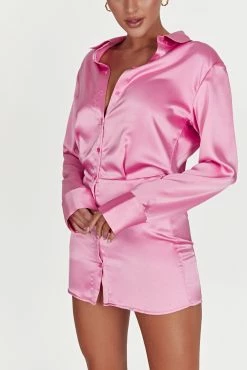 Brielle Satin Shirt Dress - Bubblegum Pink -Meshki Shop 20221125 meshki ecomm reflections21110