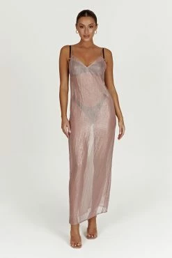 Phoebe Sheer Iridescent Maxi Dress - Taupe -Meshki Shop 20221125 meshki ecomm reflections21362