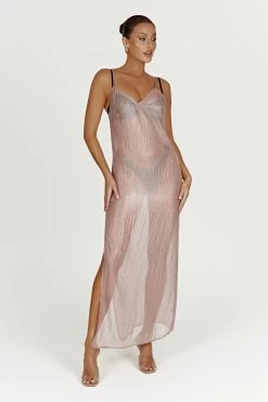 Phoebe Sheer Iridescent Maxi Dress - Taupe -Meshki Shop 20221125 meshki ecomm reflections21365