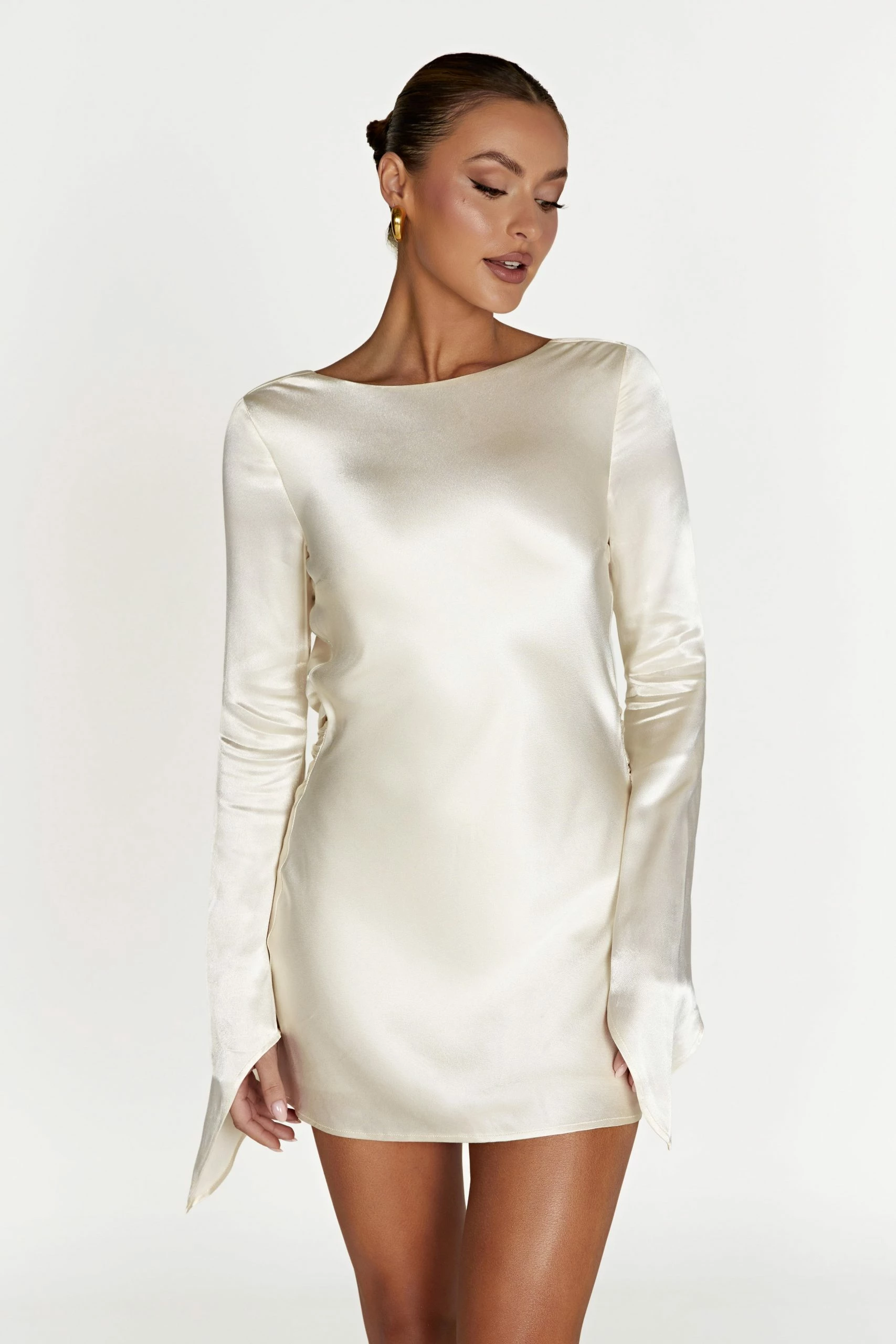 Davina Satin Long Sleeve Mini Dress - Ivory 5 Davina Satin Long Sleeve Mini Dress - Ivory - Image 3