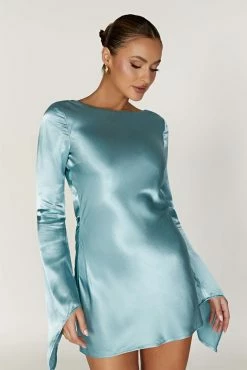 Davina Satin Long Sleeve Mini Dress - Powder Blue 20 Davina Satin Long Sleeve Mini Dress - Powder Blue -Meshki Shop 20221212 meshki ecomm moncheri katie0631