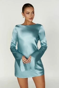 Davina Satin Long Sleeve Mini Dress - Powder Blue 18 Davina Satin Long Sleeve Mini Dress - Powder Blue -Meshki Shop 20221212 meshki ecomm moncheri katie0632