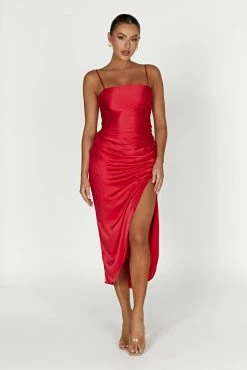 Claudette Satin Drape Midi Dress - Red -Meshki Shop 20221212 meshki ecomm moncheri katie0927