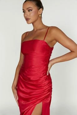 Claudette Satin Drape Midi Dress - Red -Meshki Shop 20221212 meshki ecomm moncheri katie0979