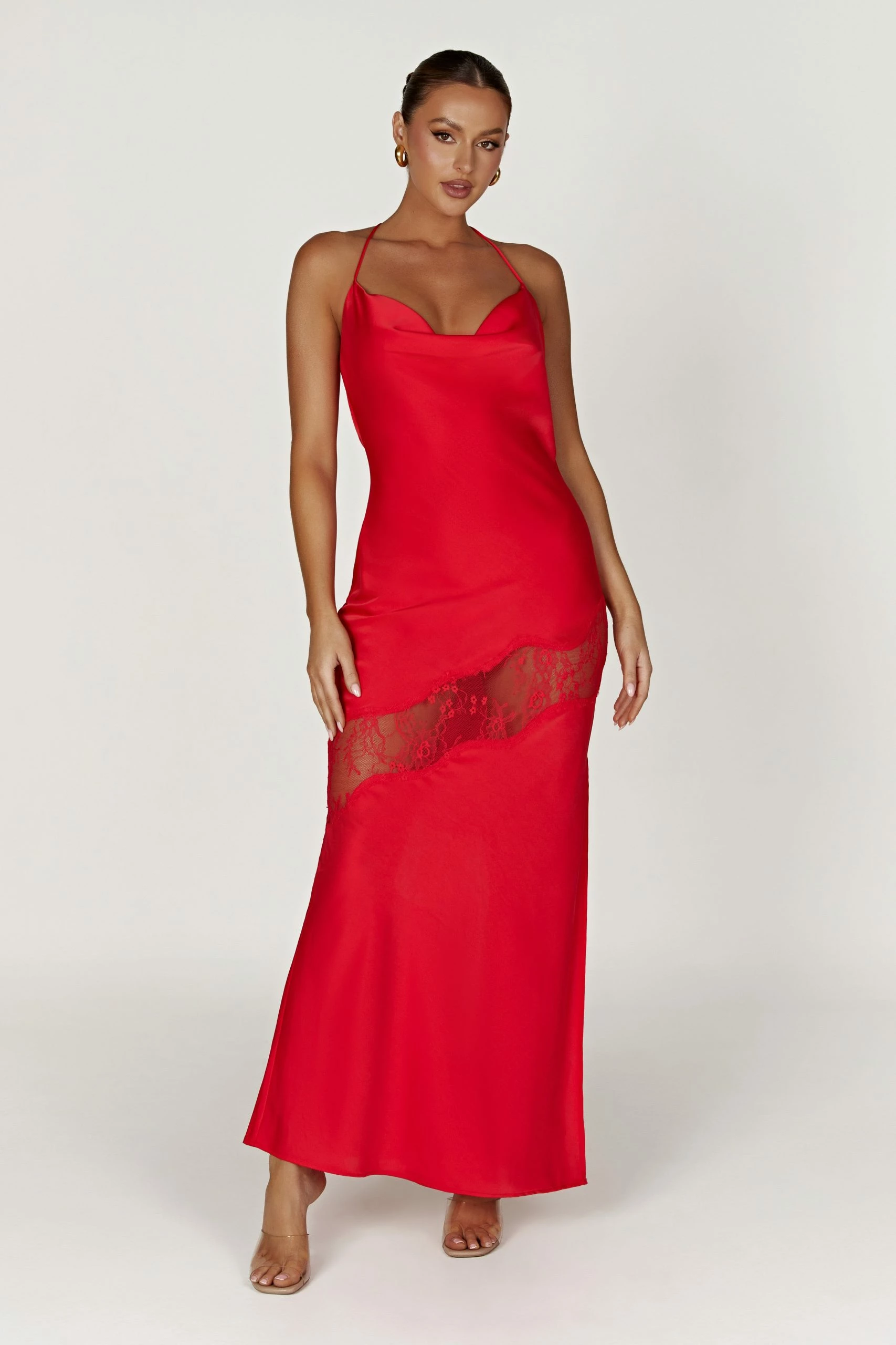 Chandra Lace Detail Satin Maxi Dress - Red 3 Chandra Lace Detail Satin Maxi Dress - Red