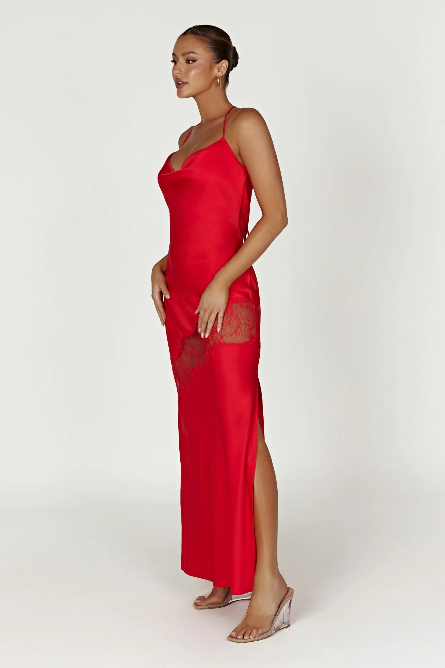 Chandra Lace Detail Satin Maxi Dress - Red 5 Chandra Lace Detail Satin Maxi Dress - Red - Image 3