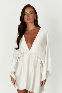 Esmerlda Pleated Kimono Mini Dress - Ivory -Meshki Shop 20230117 meshki ecomm content bridal nat5234