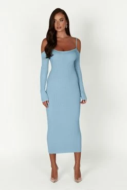 Shea Off Shoulder Knit Midi Dress - Powder Blue -Meshki Shop 20230117 meshki ecomm content bridal nat5448