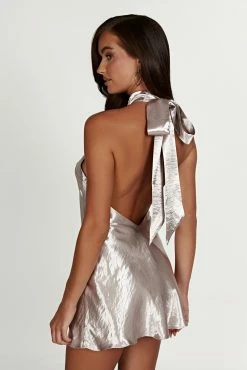 Cartia Bow Halter Mini Dress - Bronze -Meshki Shop 20230118 meshki ecomm bridal nat9295