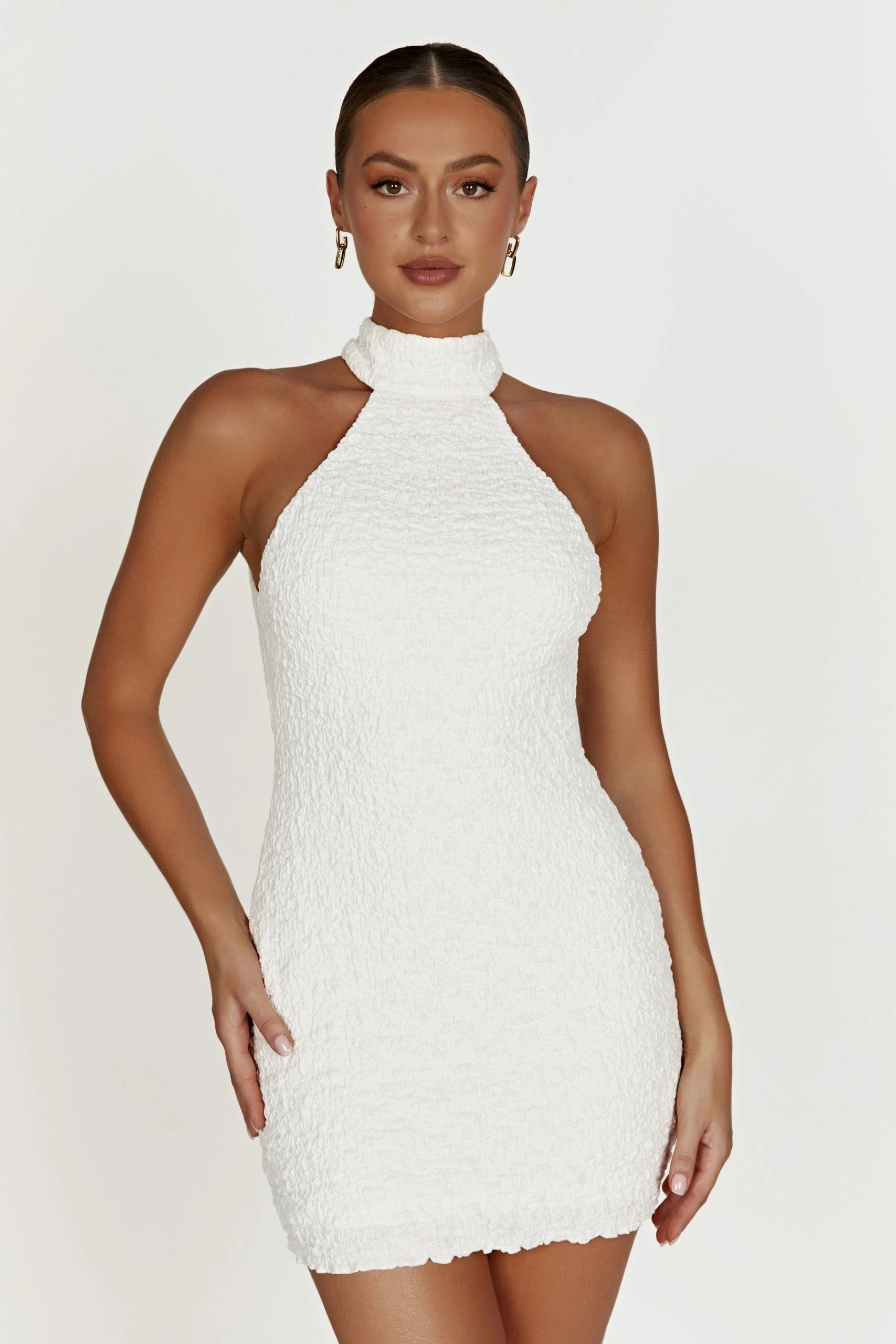 Yuki Textured Halter Mini Dress - White 3 Yuki Textured Halter Mini Dress - White