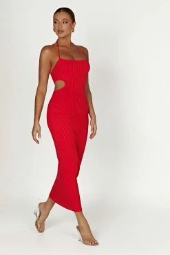 Morgan Halter Knit Midi Dress - Red -Meshki Shop 20230216 meshki ecomm refresh katie0025