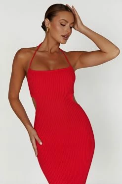 Morgan Halter Knit Midi Dress - Red -Meshki Shop 20230216 meshki ecomm refresh katie0028