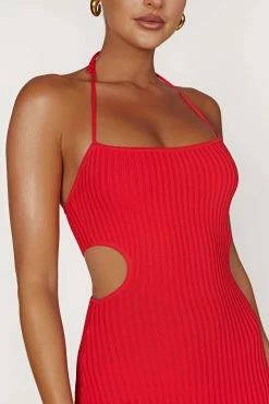Morgan Halter Knit Midi Dress - Red -Meshki Shop 20230216 meshki ecomm refresh katie0038