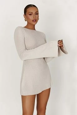 Zahra Long Sleeve Open Back Mini Knit Dress - Grey -Meshki Shop 20230317 meshki ecomm linen katie2055