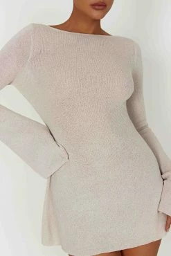 Zahra Long Sleeve Open Back Mini Knit Dress - Grey -Meshki Shop 20230317 meshki ecomm linen katie2066