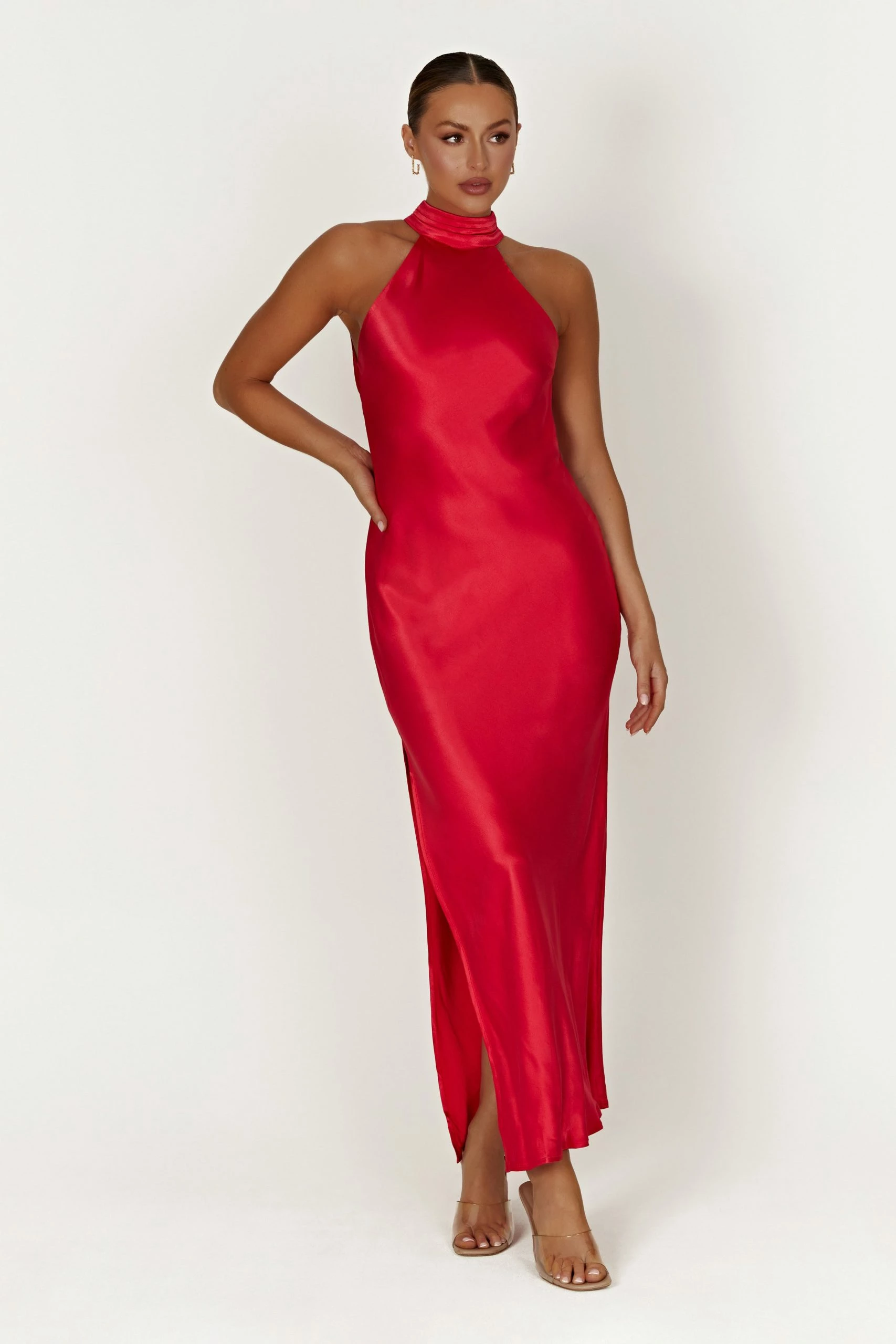 Claire Satin Drape Back Maxi Dress With Split - Red 4 Claire Satin Drape Back Maxi Dress With Split - Red - Image 2