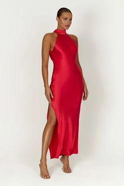 Claire Satin Drape Back Maxi Dress With Split - Red 12 Claire Satin Drape Back Maxi Dress With Split - Red -Meshki Shop 20230317 meshki ecomm linen katie2074