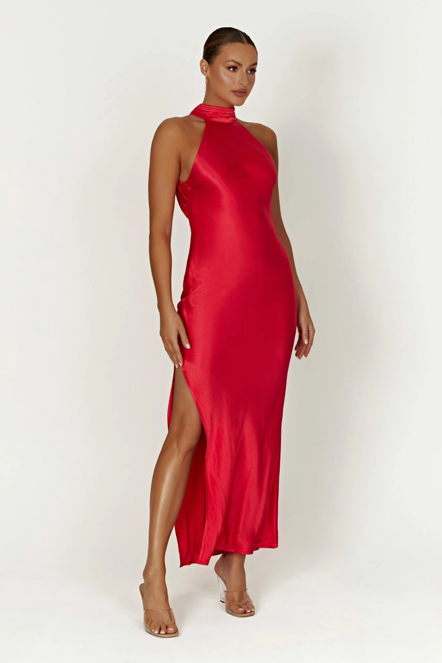 Claire Satin Drape Back Maxi Dress With Split - Red 6 Claire Satin Drape Back Maxi Dress With Split - Red - Image 4