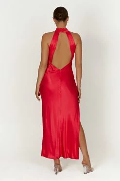 Claire Satin Drape Back Maxi Dress With Split - Red