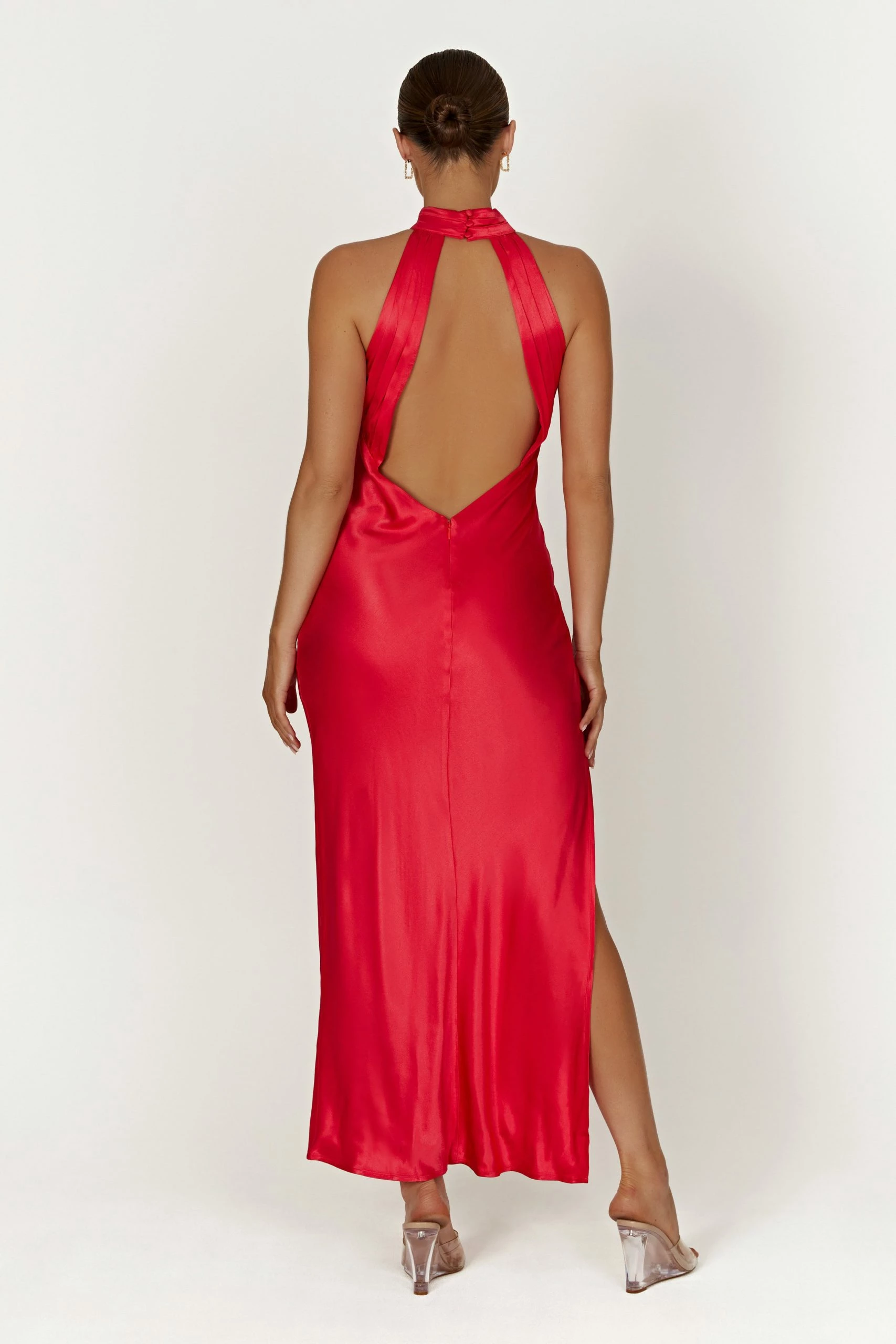 Claire Satin Drape Back Maxi Dress With Split - Red 3 Claire Satin Drape Back Maxi Dress With Split - Red
