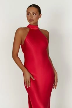 Claire Satin Drape Back Maxi Dress With Split - Red 11 Claire Satin Drape Back Maxi Dress With Split - Red -Meshki Shop 20230317 meshki ecomm linen katie2094