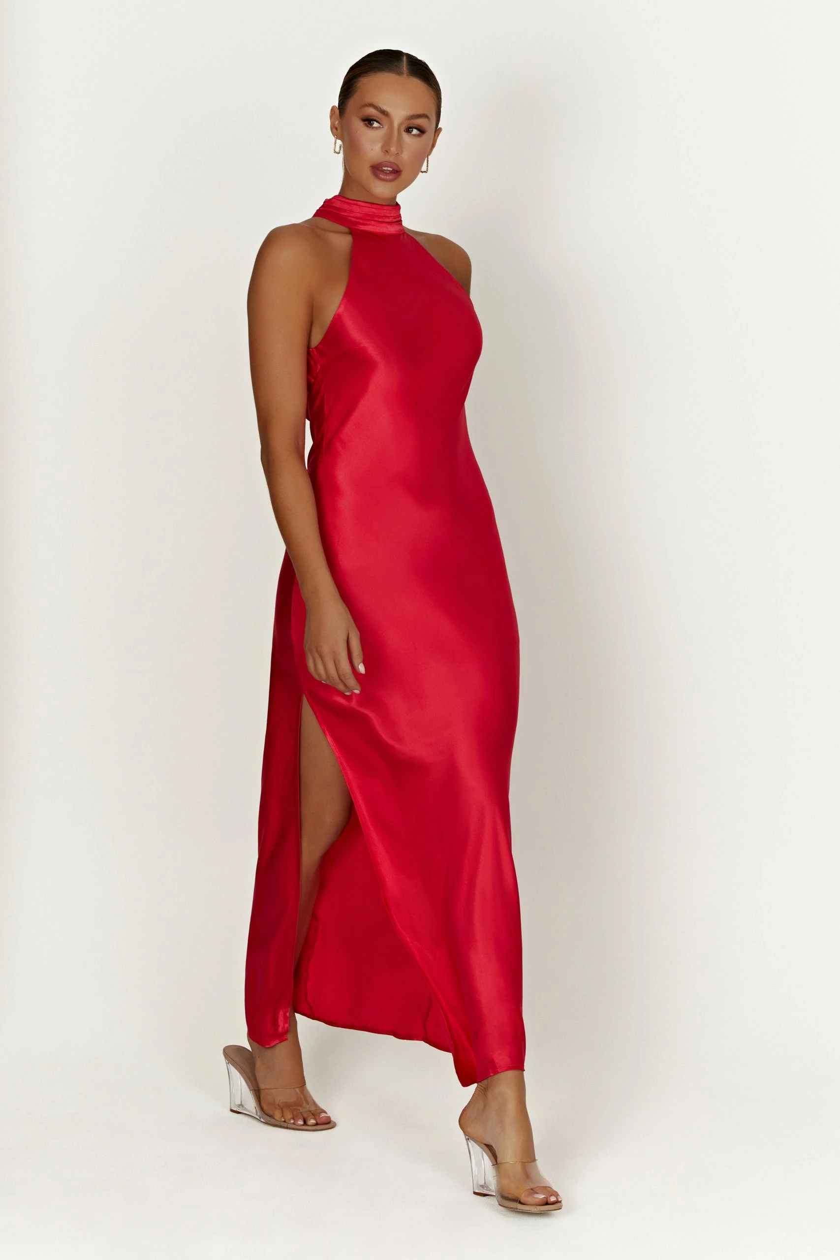 Claire Satin Drape Back Maxi Dress With Split - Red 8 Claire Satin Drape Back Maxi Dress With Split - Red - Image 6