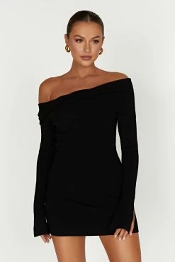 Clover Off Shoulder Knit Mini Dress - Black 15 Clover Off Shoulder Knit Mini Dress - Black -Meshki Shop 20230330 meshki ecomm winter katite1210