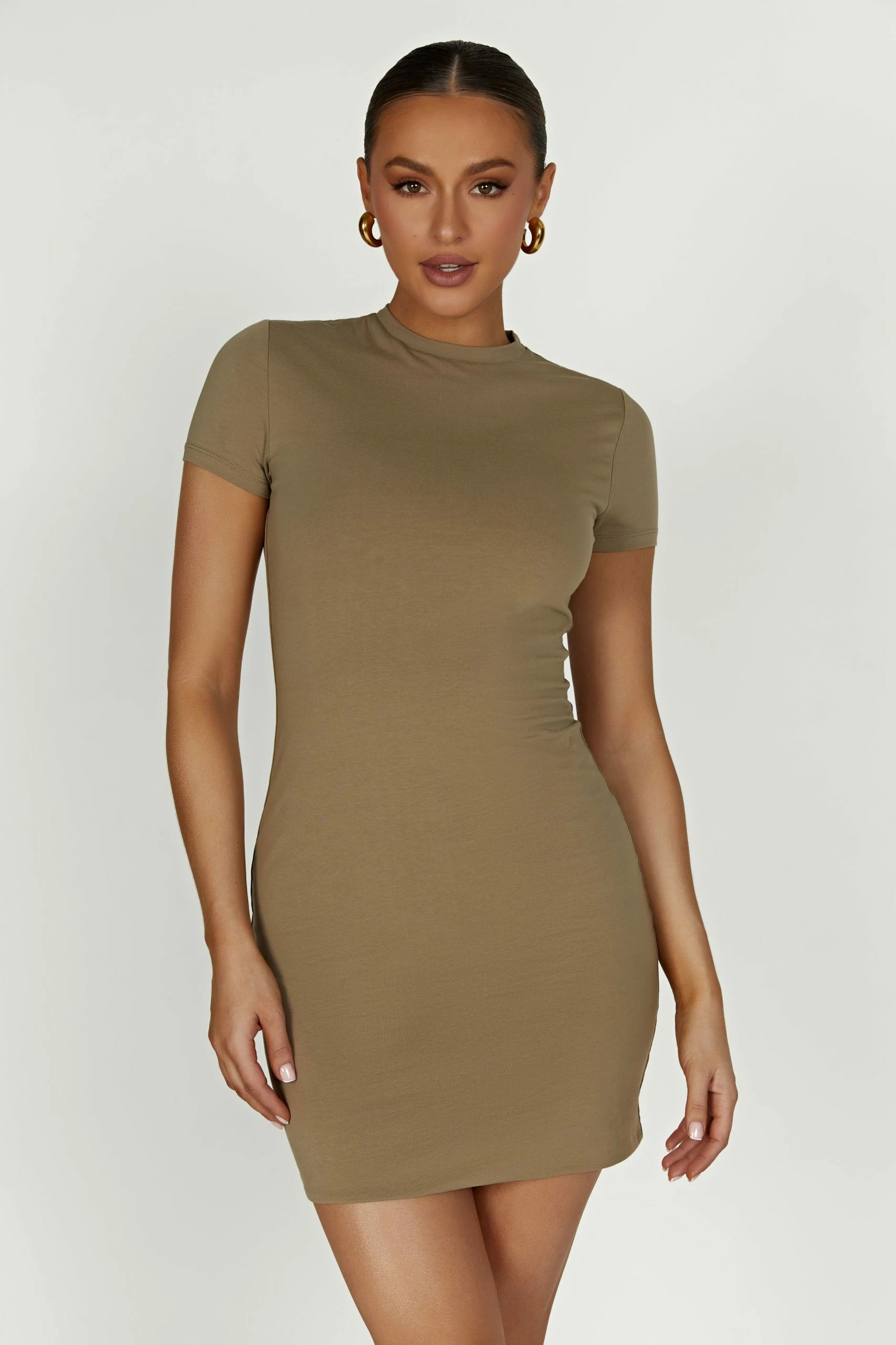 Halston Short Sleeve Mini Dress - Olive 3 Halston Short Sleeve Mini Dress - Olive