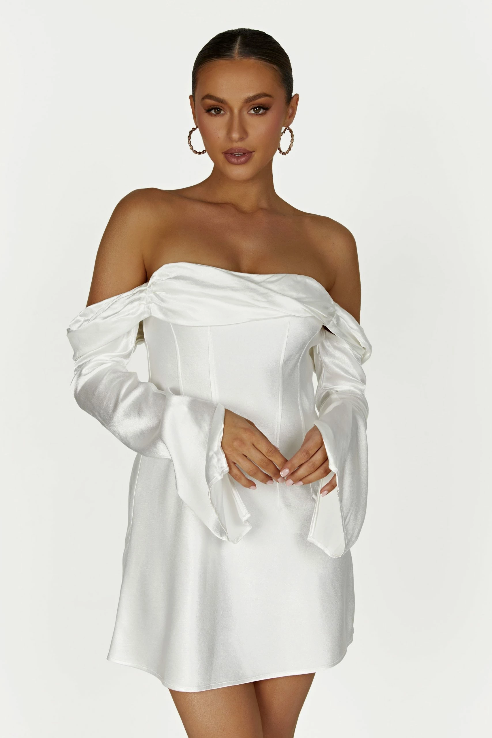 Giselle Off Shoulder Satin Mini Dress - White 3 Giselle Off Shoulder Satin Mini Dress - White