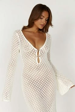 Kayleigh Crochet Fishtail Flare Sleeve Dress - White -Meshki Shop 20230418 meshki ecomm deesee katie3762