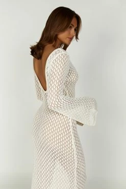 Kayleigh Crochet Fishtail Flare Sleeve Dress - White -Meshki Shop 20230418 meshki ecomm deesee katie3776